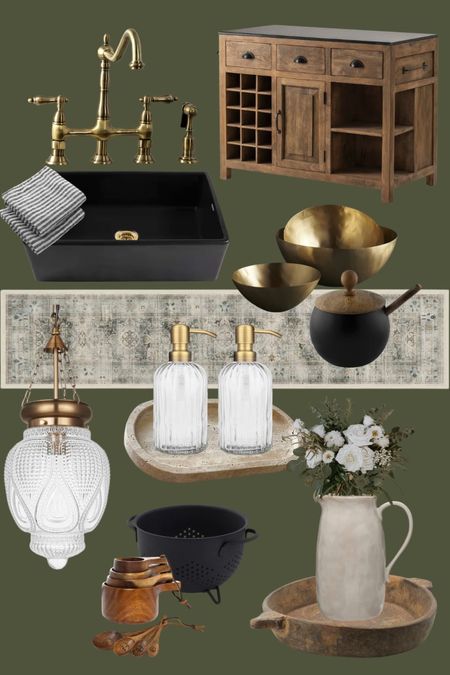Add some moodiness to your kitchen with these darker wood tones, black and brass accents, and natural materials like stone. This gives an organic moody feel to your kitchen. The touches of glass mixed with the brass keep the space feeling pretty and have a vintage vibe. Use a runner to bring a little color to the floor and to tie all the colors and tones into the space.

#LTKhome