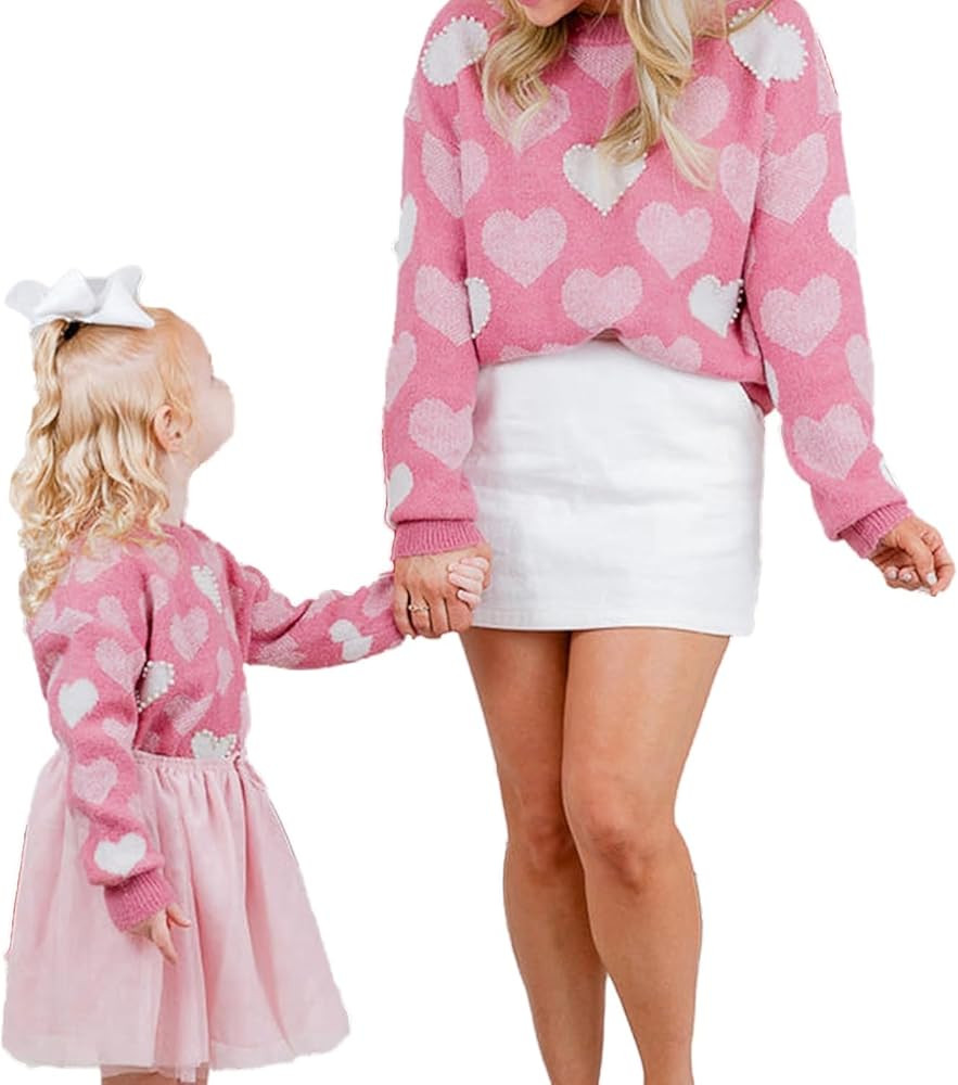 Mommy and Me Outfits Pink Pearled Heart Print Valentine's Day Crew Neck Sweater Spring Tops | Amazon (US)