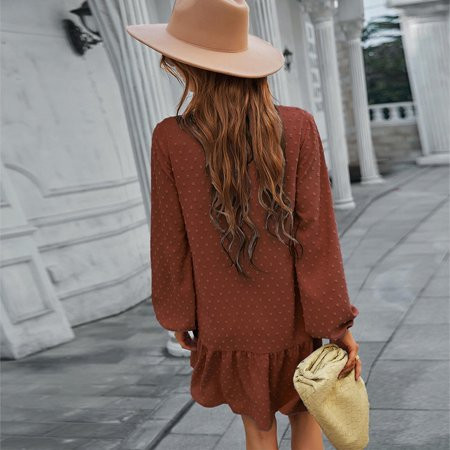 symoid Long Dresses for Women- Casual Ruffle Hem Solid Buttons A-line Long Sleeve V-Neck Dresses Bro | Walmart (US)