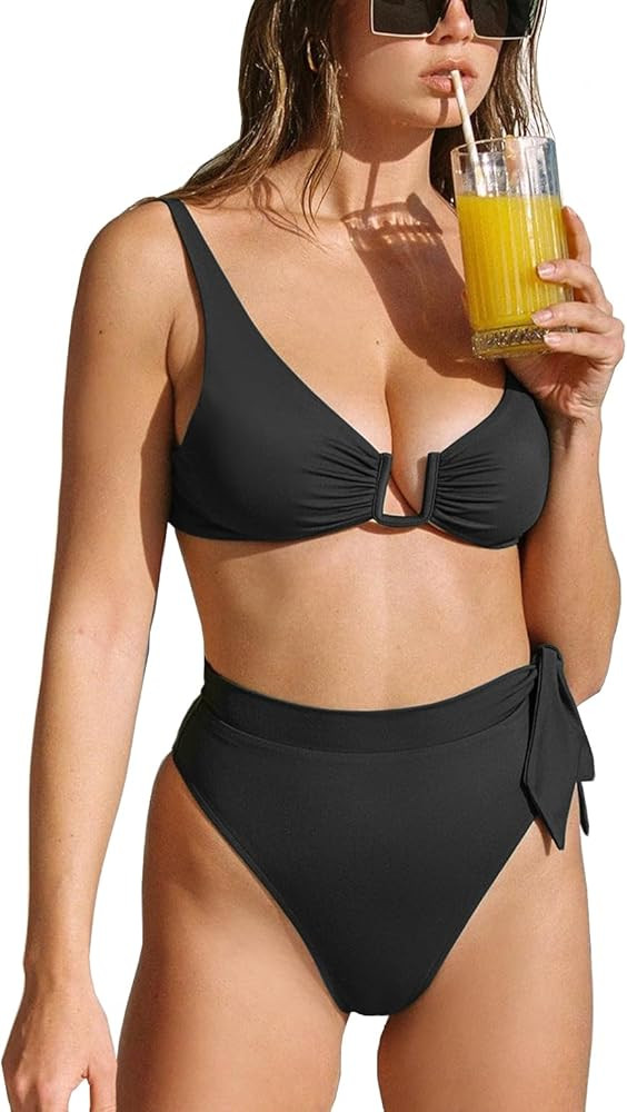 Womens Sexy U Wired Ruched Push Up Bikini Tummy Control High Waisted Swimsuits 2 Piece | Amazon (US)