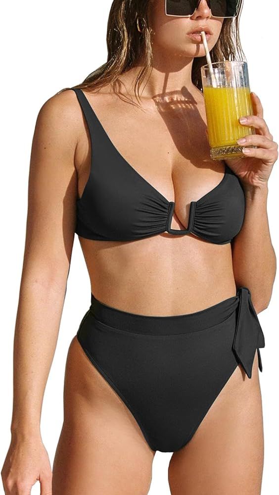 Women Two Piece Swimsuits Sexy U Wire Ruched High Waisted High Cut Full Coverage Bikini Set | Amazon (US)