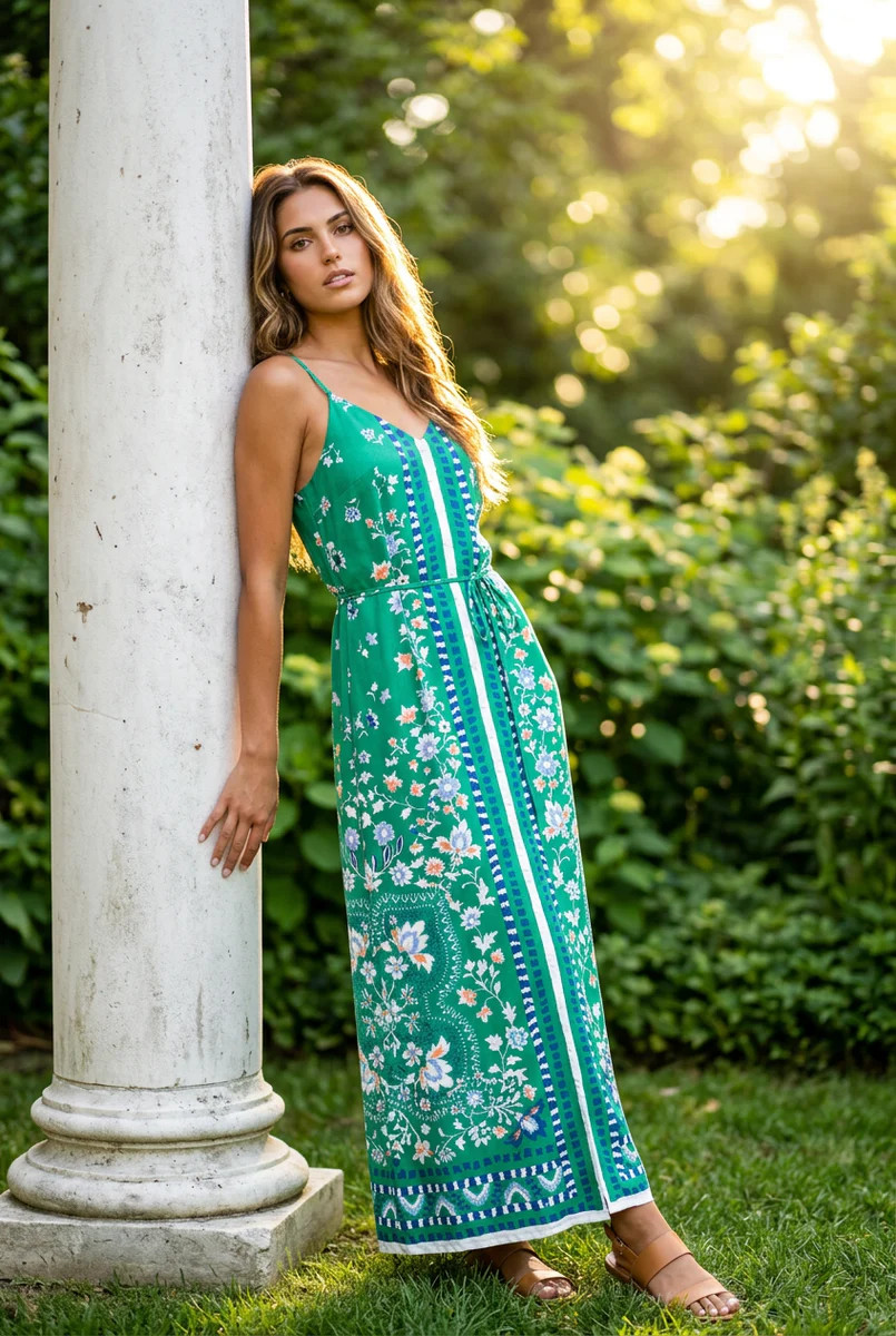 Hailey Green Floral Border Printed Midi Dress | Benaar La