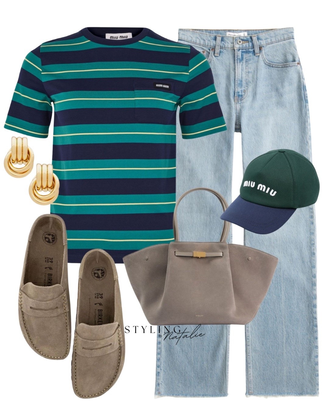Miu Miu stripe t-shirt, denim jeans, suede tote bag, Miu Miu baseball cap, suede Birkenstock Naples clogs/ loafers. Street style, summer outfit, transitional outfit, trendy summer OOTD, cool girl style 

#LTKsummer #LTKstyletip #LTKeurope