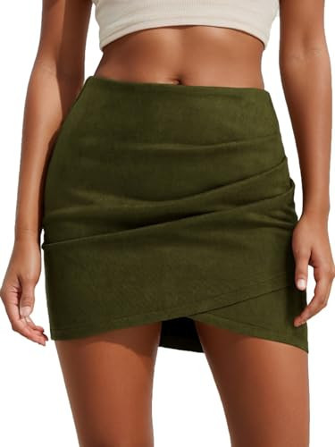 Skrtimory Faux Suede Mini Skirt Bodycon Ruched Tulip Fall Winter Short Suede Mini Skirts for Women Army Green | Amazon (US)