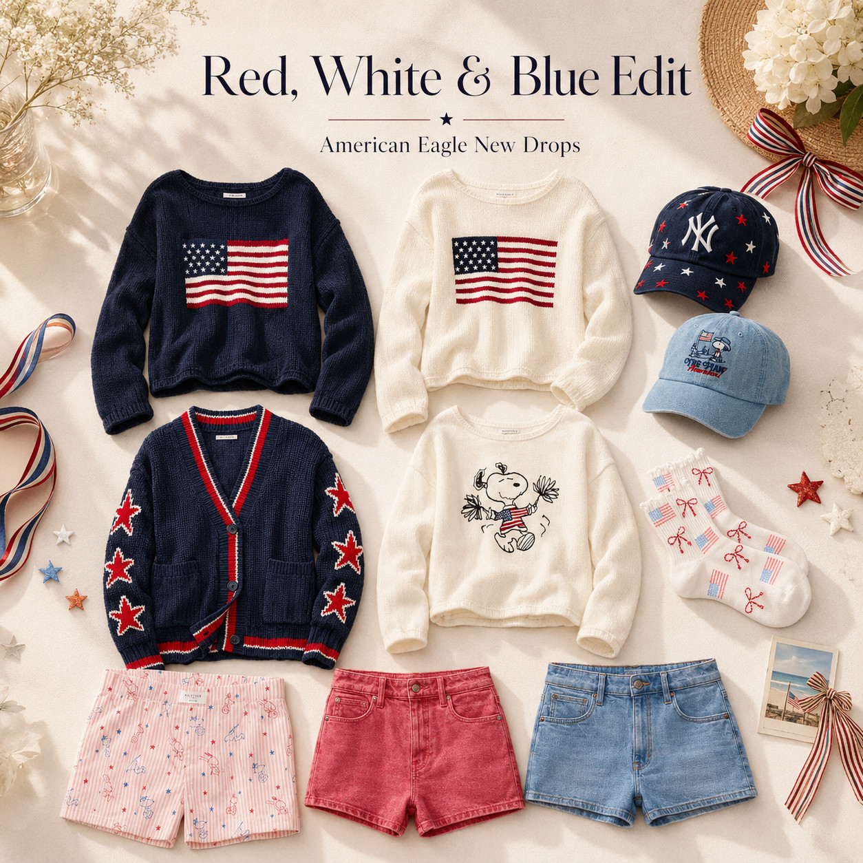 @American Eagle Outfitters Summer | Red, White & Blue USA Edit

Red, White & Blue Edit

American Eagle’s new red, white, and blue summer drop is so good if you want festive pieces that still feel wearable after Memorial Day and beyond the Fourth of July. 

These are the kind of patriotic summer finds that give classic Americana energy without looking cheesy or overdone.

I did the digging for you and pulled the AE pieces that are the easiest to style for Memorial Day weekend, Fourth of July outfits, summer vacations, lake days, beach trips, backyard parties, and casual everyday summer looks. 

Think flag sweaters, a standout star cardigan, cute graphic knits, easy denim shorts, playful socks, and baseball caps that make a simple outfit feel instantly more fun.

What I love about this drop is that it mixes statement patriotic pieces with staples you can actually rewear. 

Pair the sweaters with denim shorts for chilly beach nights, throw on a cap with a tank and cutoffs for an easy holiday look, or style the cardigan over a simple tee and shorts for that cute all-American summer outfit vibe.

This is the kind of post worth saving if you want outfit ideas for Memorial Day, Fourth of July, summer weekend plans, fireworks, country concert outfits, beach town trips, or casual patriotic looks that still feel trendy.

Style notes:
American Eagle red white and blue, American Eagle patriotic outfits, Memorial Day outfit ideas, Fourth of July outfit ideas, Americana style, patriotic summer outfits, American flag sweater, star cardigan, denim shorts outfit, AE summer drop, baseball cap outfit, festive summer outfit ideas, beach holiday outfits, lake day outfits, casual summer outfits, trendy patriotic outfits, American Eagle new arrivals.

📌  SAVE this for Memorial Day & Fourth of July outfit ideas

↓ Everything is linked!

#LTKActive #LTKSaleAlert #LTKTravel