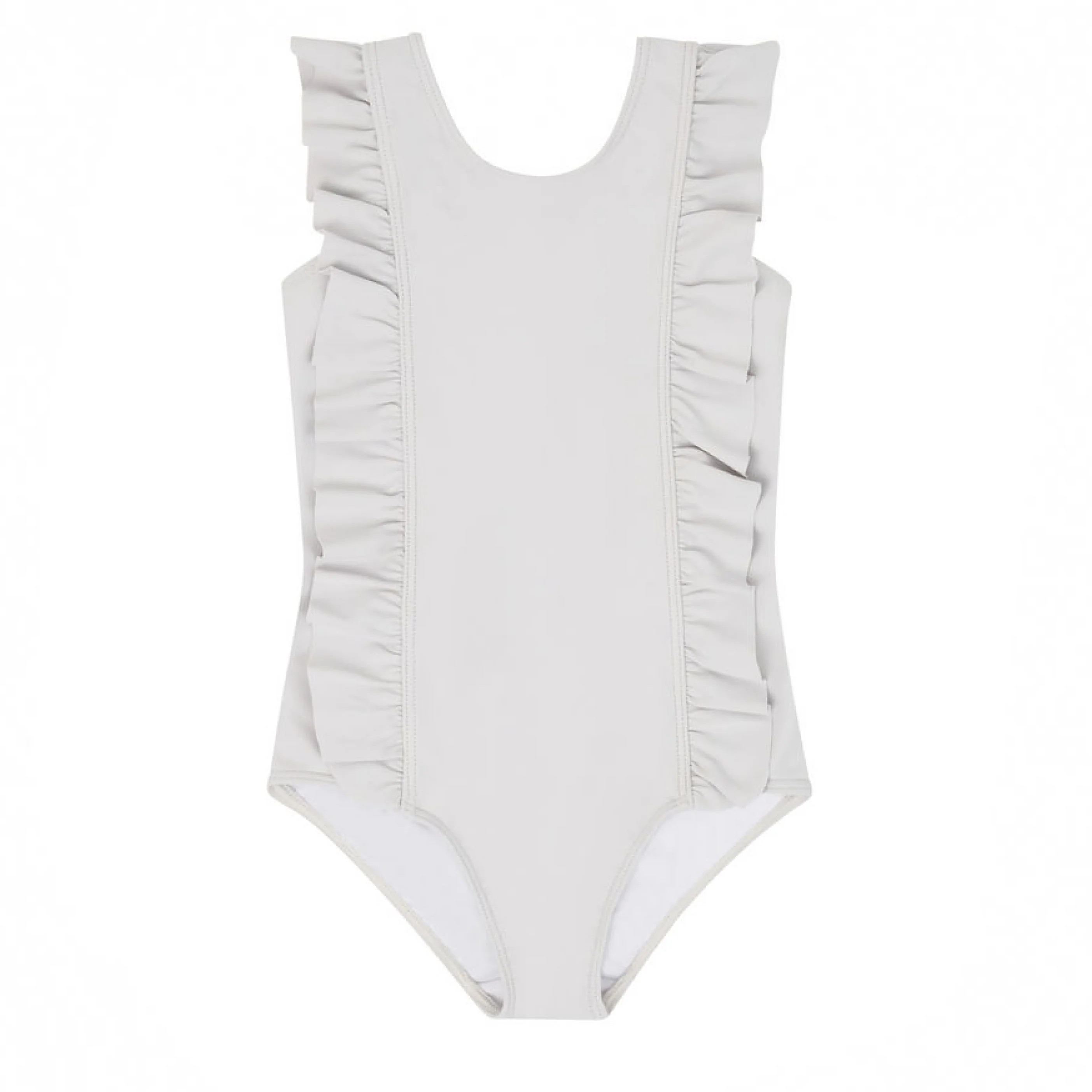 girls dove grey ruffle one piece | Minnow