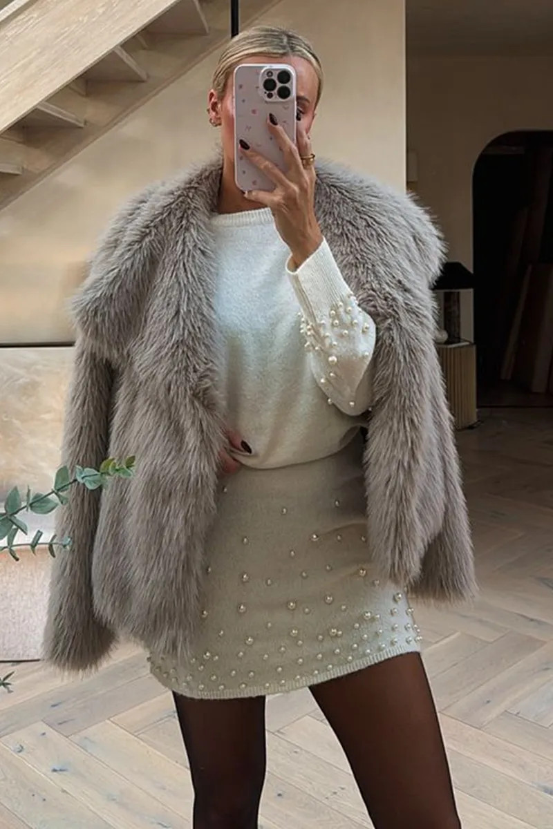 Grey Oversized Collared Faux Fur Coat | In The Style