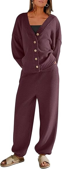 ANRABESS Women 2 Piece Outfits Long Sleeve V Neck Button Down Cardigan Sets Casual Lounge Matching S | Amazon (US)