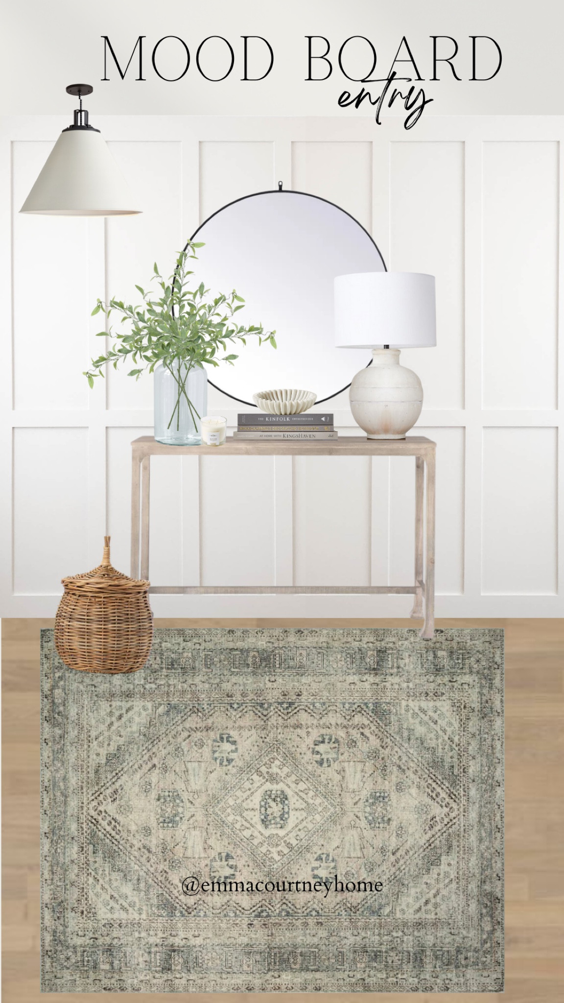 Entry mood board inspiration with board and batten wall moulding, target console table, and beautiful light from rejuvenation 

#LTKstyletip #LTKhome #LTKsalealert