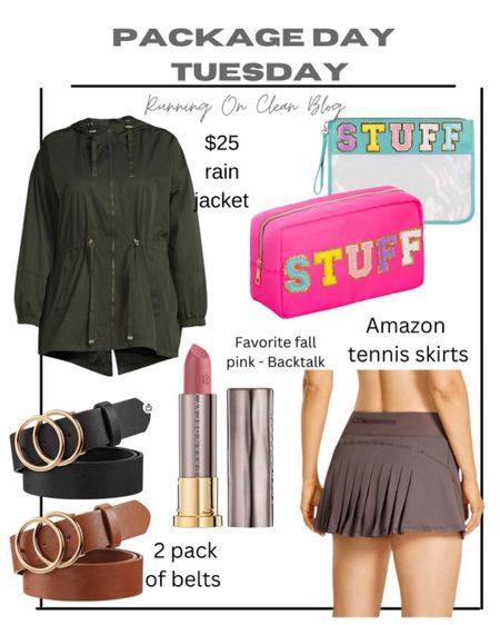 Package Day Tuesday! 

Rain jacket 
Pink zipper bag 
Flat supper bag 
Belts 
Lipstick 
Tennis skirt 

#LTKfit #LTKbeauty #LTKtravel