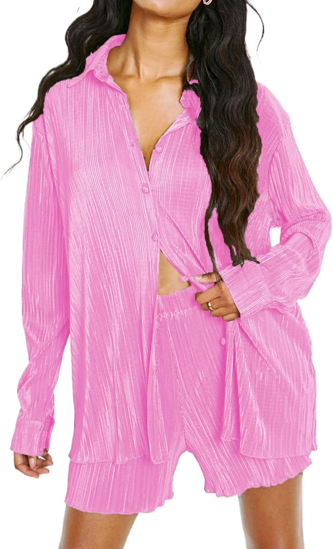 NUFIWI Women Oversized 2 Piece Outfits Pleated Long Sleeve Button Blouse Top Wide Leg Pants Sets ... | Amazon (US)