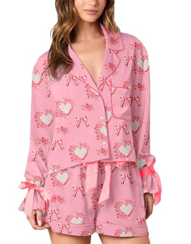 Yuemengxuan Valentine's Day Pajamas for Women 2 Piece Satin Silk Pajamas Set Bow Tie Sleeve Shirt Shorts Cute Graphic Pj Set (Pink #03, M) | Amazon (US)