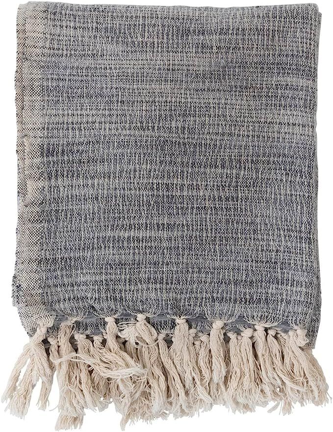 Creative Co-Op Woven Wool Blend Fringe Blanket Throw, Single, Blue | Amazon (US)