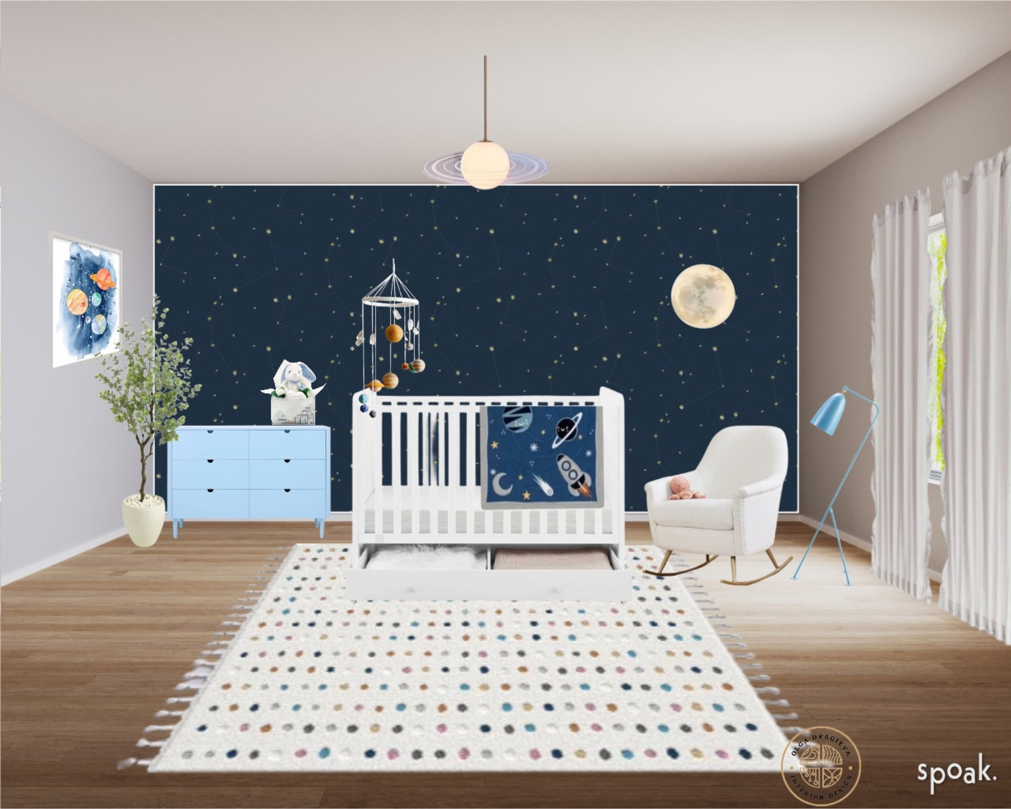 A cute nursery for a boy! I love the constellation wallpaper from Chasing paper, and the planets themed nursery decor! The polka dot rug is from Wayfair and it is adorable. The convertible crib is from Target and the beautiful rocker chair is from West Elm. Blue dresser from West Elm as well. 

#LTKhome #LTKbump #LTKbaby