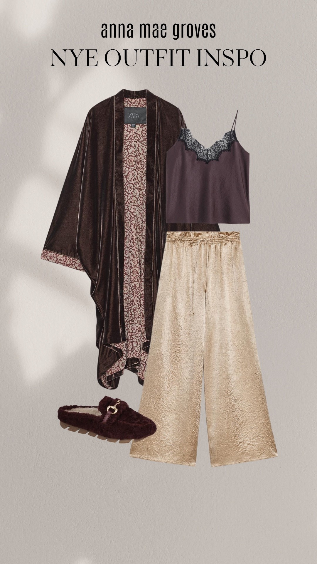 NYE outfit inspo for a stay at home and watch the ball drop night but you still want to feel fancy! This velvet kimono could be worn alone with jeans and a tee! Also had to include a chic slipper! 

#LTKSeasonal #LTKootd #LTKOver40