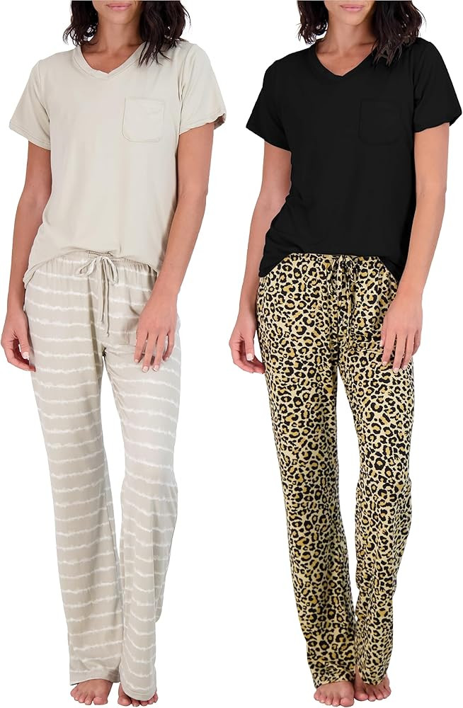 Real Essentials 2 Pack: Women's Pajama Set - Choose from Short Sleeve with Pocket or Long Sleeve ... | Amazon (US)