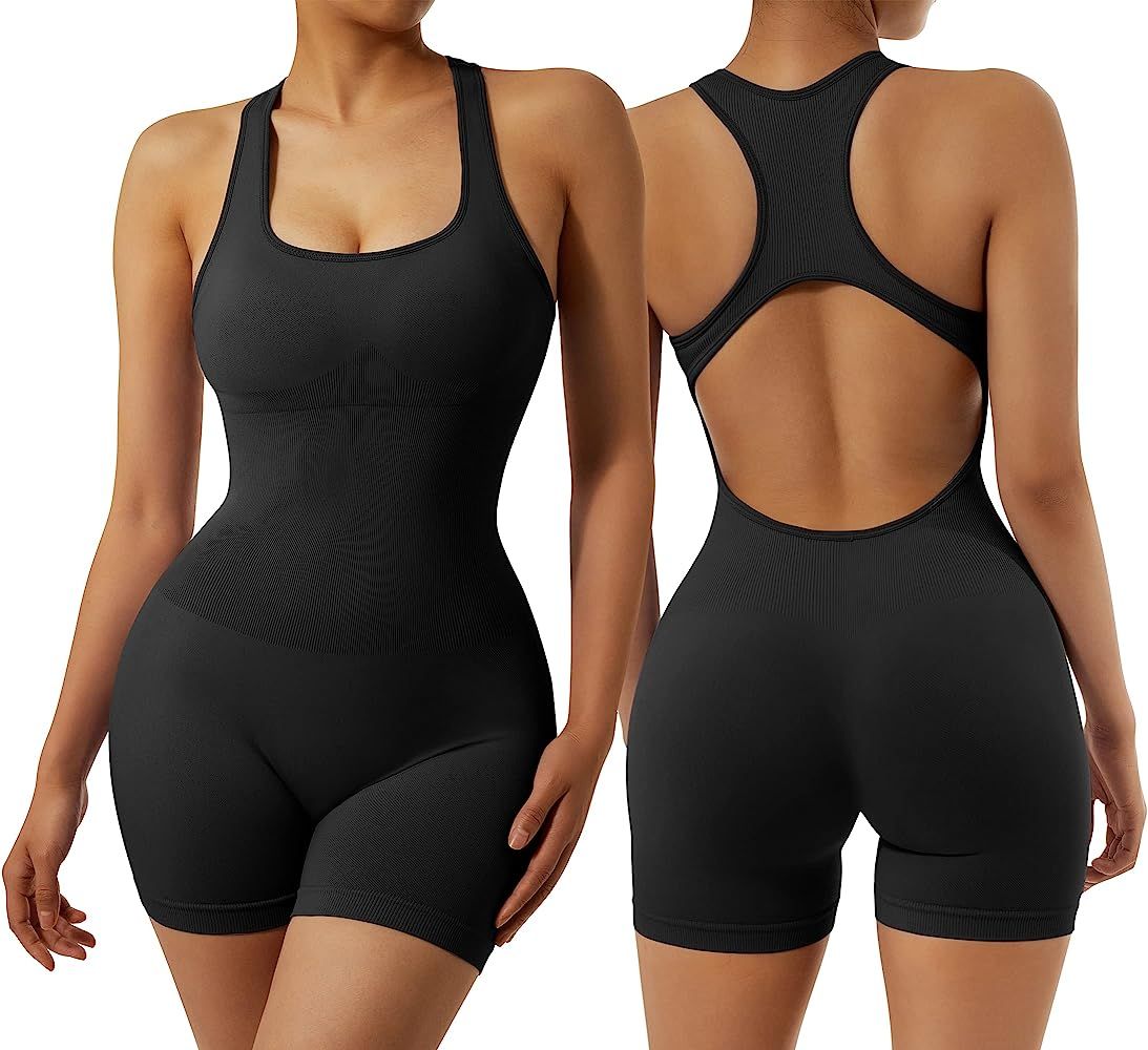 RXRXCOCO Women's Sexy Sleeveless Yoga Jumpsuits Shorts Bodysuit One Piece Deep Scoop Neck Backless | Amazon (US)