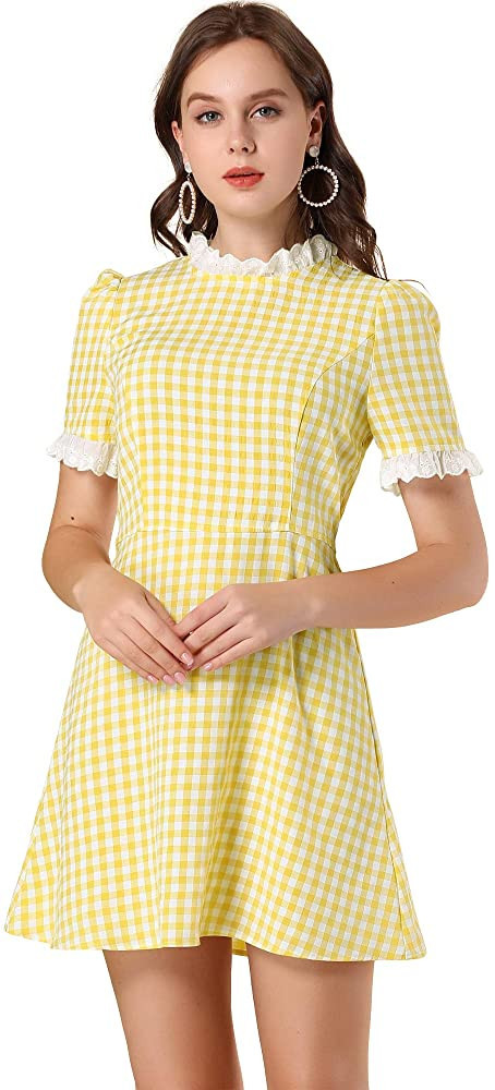 Allegra K Women's Summer Ruffle Neck Lace Panel Short Sleeve Check Gingham Dress | Amazon (US)