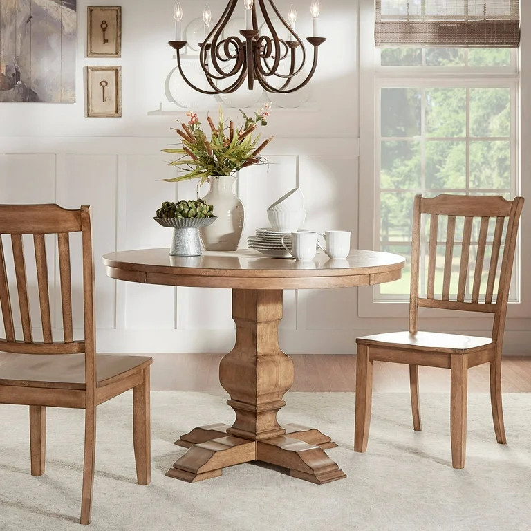 Weston Home 45" Round Oak Top Dining Table with Oak Pedestal Base | Walmart (US)