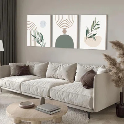 Abstract Sage Green Wall Decor Palm Leaf Sun Moon Line Green Canvas Painting, Minimalist Geometric Boho Room Decor, Sage Green Wall Posters & Prints | Wayfair North America