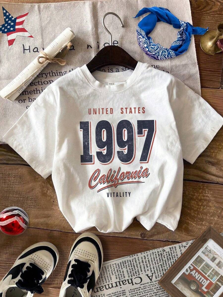 Claim Dot Men White Knit Vintage Crewneck Letter Graphic Short Sleeve T-Shirt, For Going Out | SHEIN