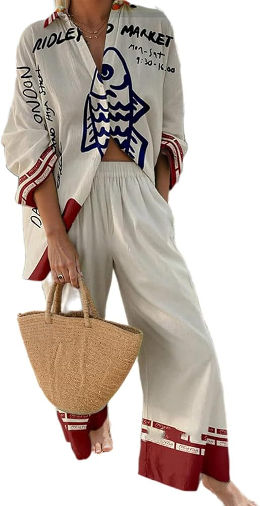 Akivide Women's 2 Piece Outfits Beach Vacation Sets Hawaiian Tropical Long Sleeve Button Down Shi... | Amazon (US)