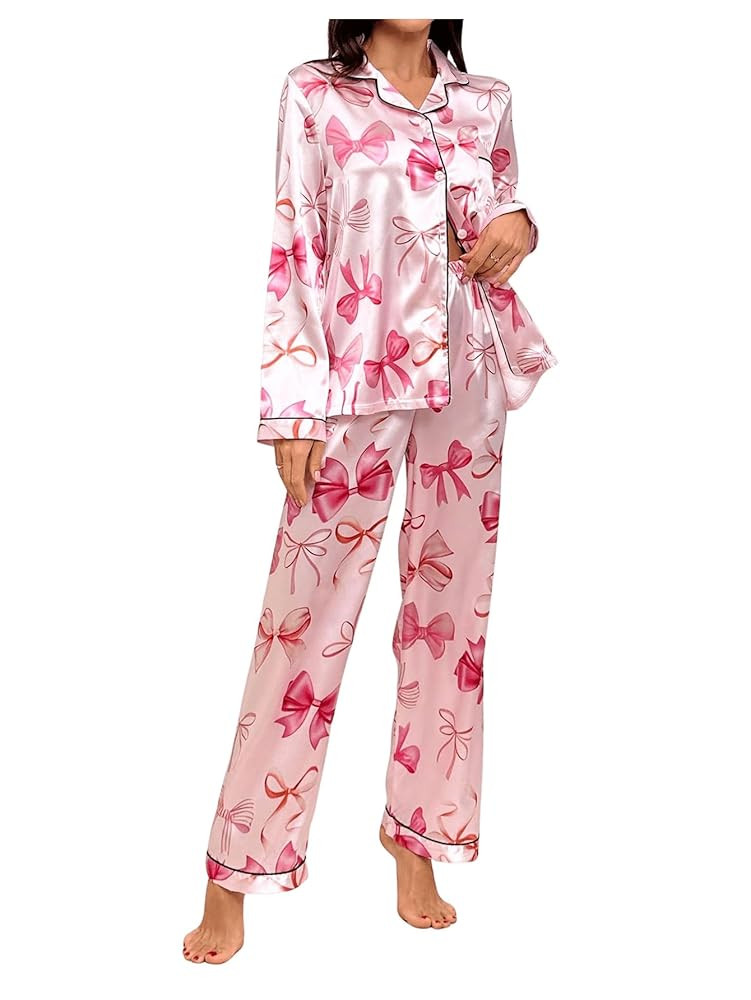 Verdusa Women's Silk Pajamas 2 Piece Satin Cute Bow Long Sleeve Button Down Shirt and Pants Loung... | Amazon (US)