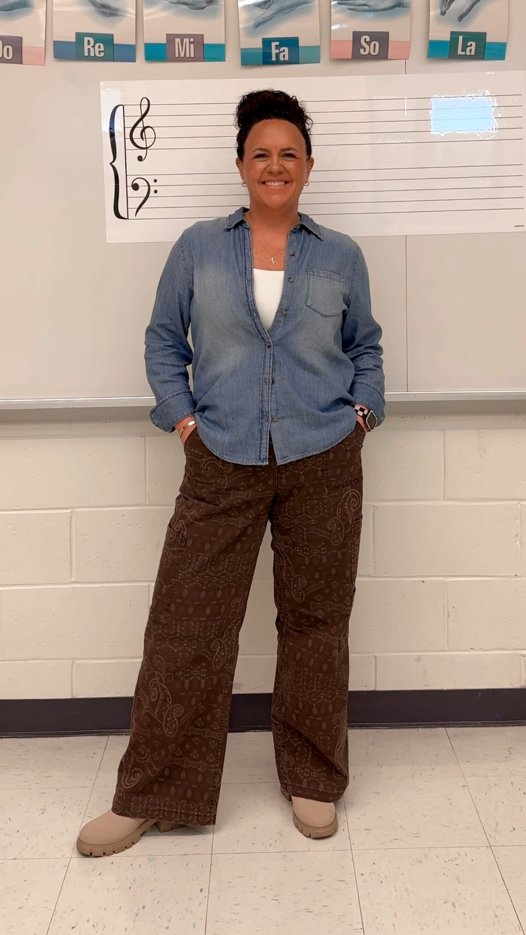 I’m 5’4, 171lbs
Tee: L
Denim button down: L
Pants: M short
Boots: TTS