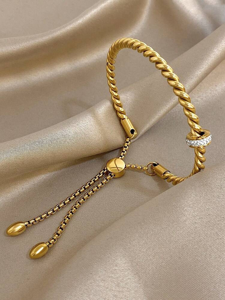 1Pc Luxury Elegant 18K Gold Plated Stainless Steel Twist Braid & Teardrop Zirconia Bangle Bracele... | SHEIN