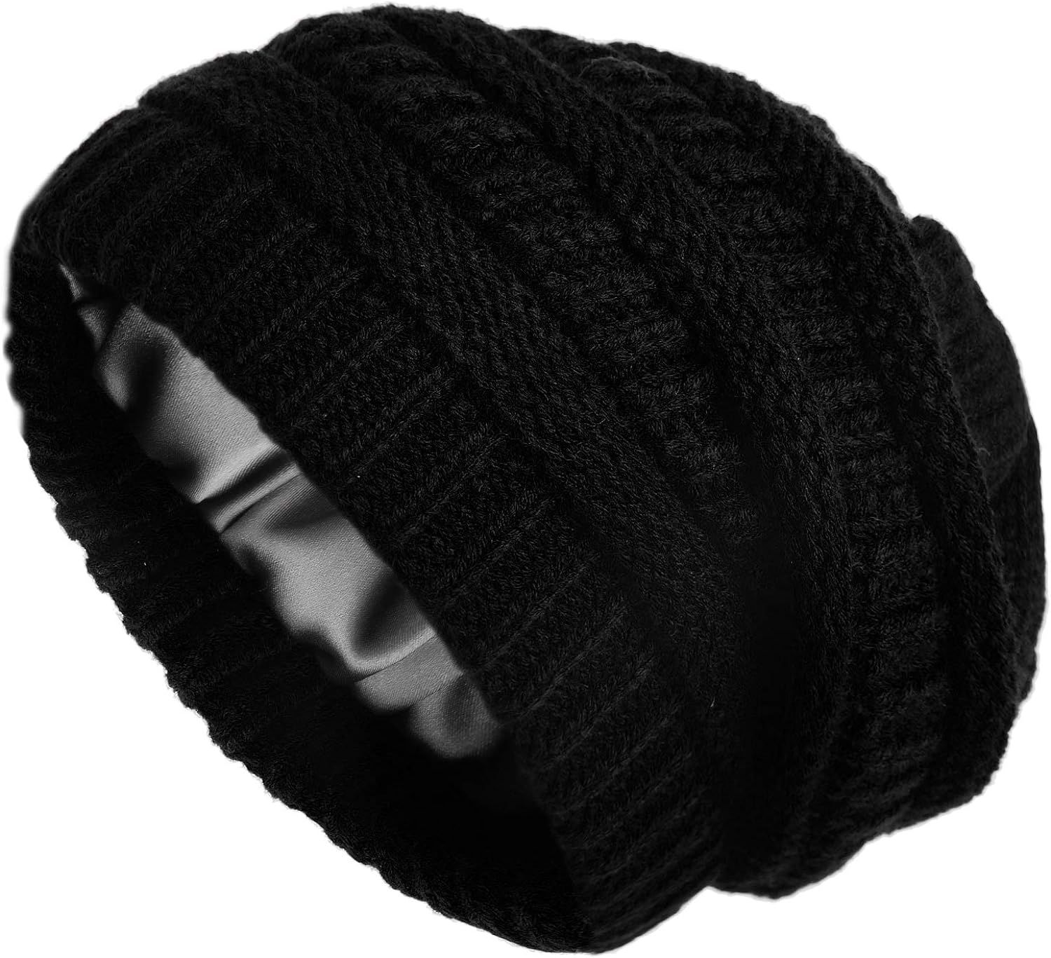 Winter Knit Beanie for Women Satin Lined Cable Thick Chunky Cap Mens Soft Slouchy Warm Hat | Amazon (US)