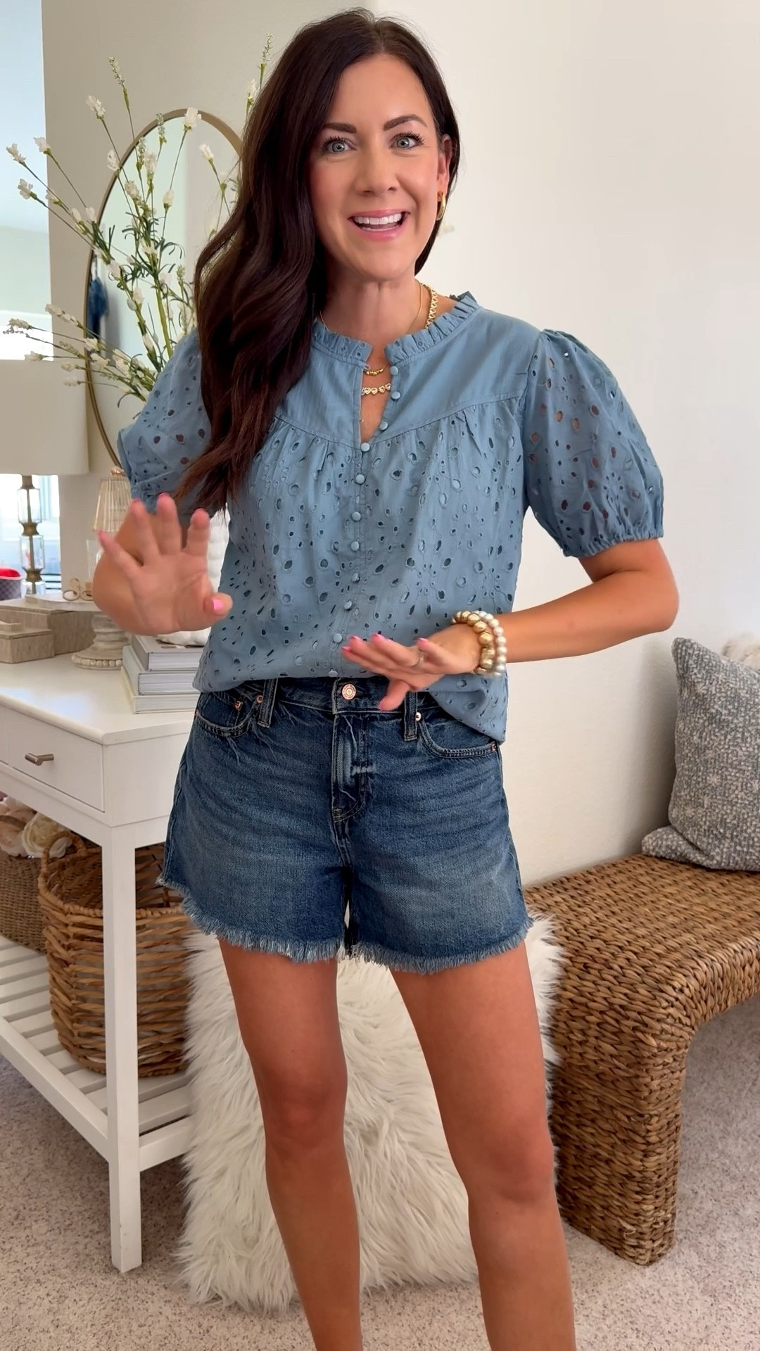 Amazon eyelet blouse! Wearing a small-between sizes go down. So many colors! 

#LTKSaleAlert #LTKSeasonal