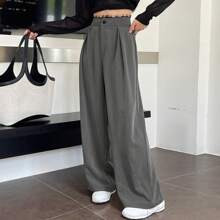 Womens Casual Solid Color Lace Spliced Wide Leg Pants | SHEIN