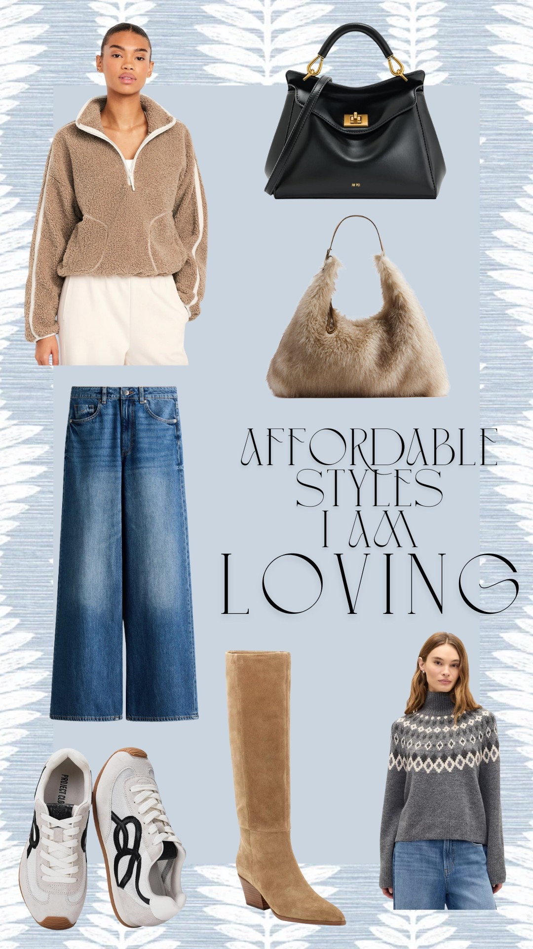 Affordable winter styles
Old navy fleece
Wide leg jeans
Amazon sneakers 
Fair Isle sweater 