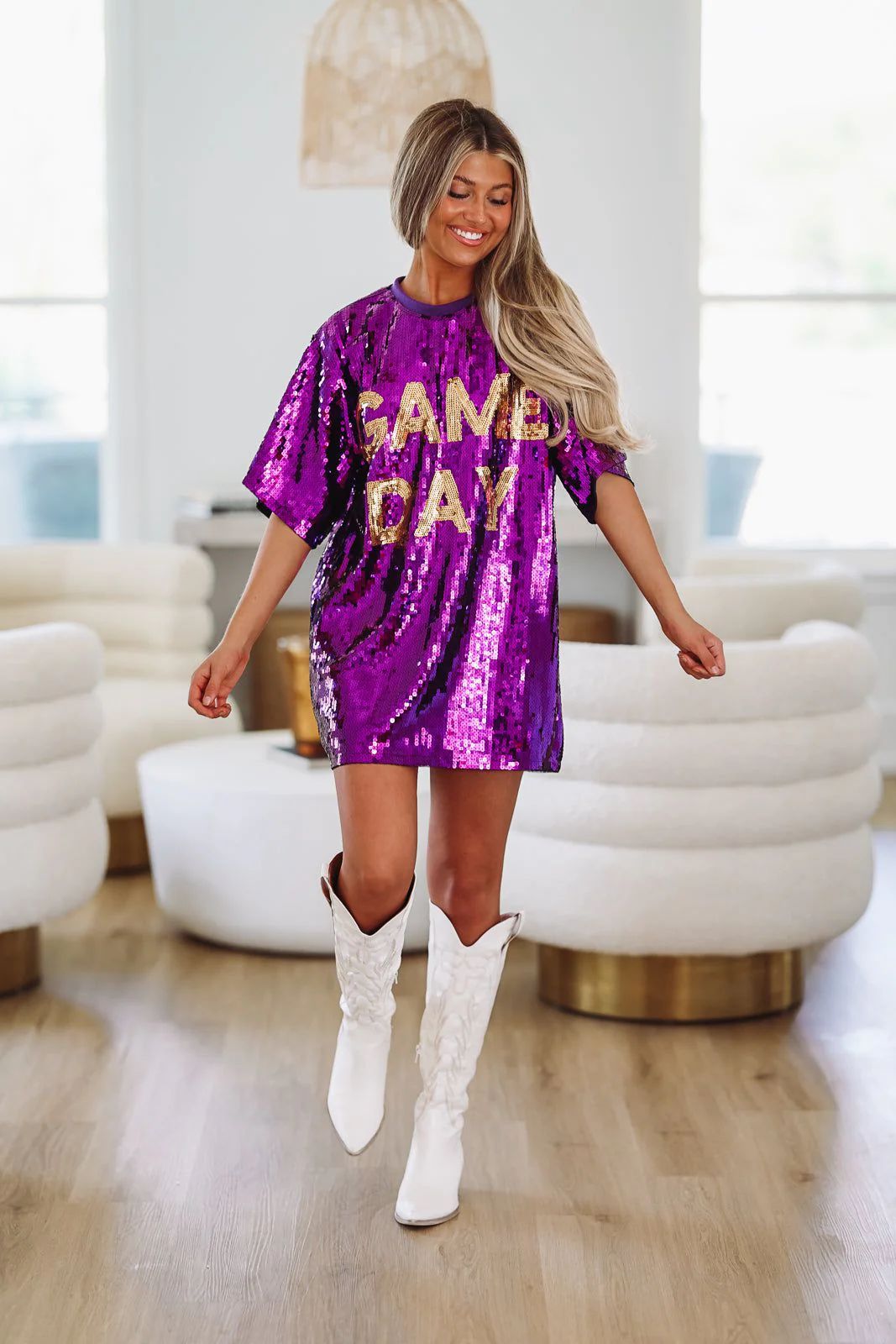 Touchdown Time Sequin Gameday Shirt Dress - Purple and Gold | Hazel and Olive