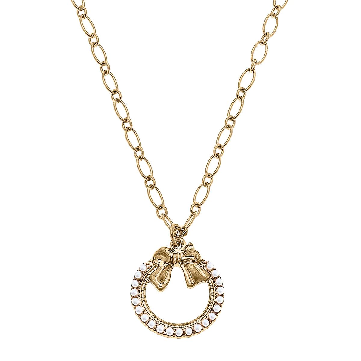 Rowen Pearl Bow Wreath Pendant Necklace in Worn Gold | CANVAS