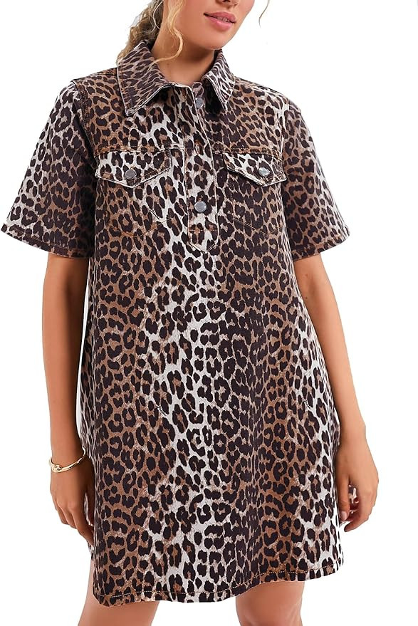 Women's Leopard Print Denim Dress Button Down Casual Shirt Jean Crew Neck A-Line Short Sleeve | Amazon (US)
