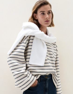 The White Company Stripe Slash Neck Stripe Top, Blue Stripe, Size: L | The White Company UK & ROW