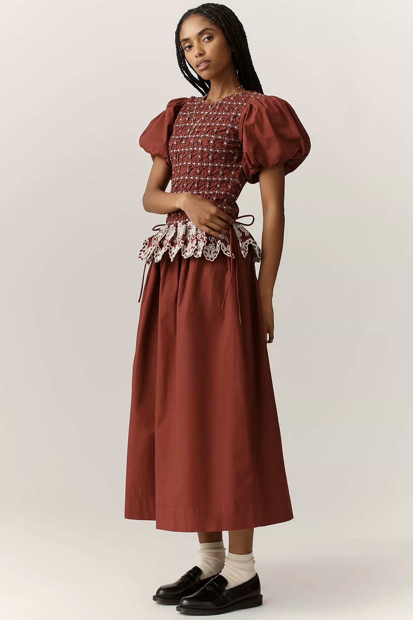 Damson Madder Audrey Puff-Sleeve Organic Cotton Midi Dress | Anthropologie (US)