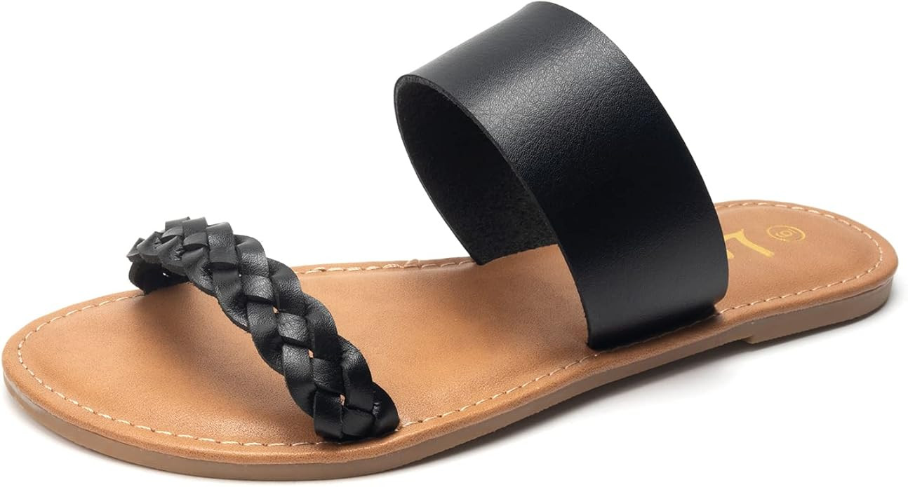 Women's Braided Slide Sandals Open Toe Two Strap Slip On Flat Sandals Casual Summer Shoes | Amazon (US)