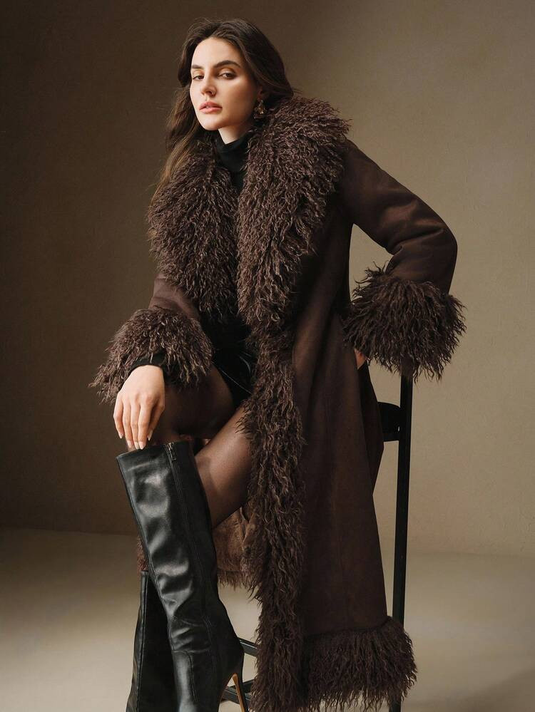 Anewsta Women's Elegant Fitted Faux Fur Collar Long Faux Leather Jacket, Teddy Fleece Lining, Winter | SHEIN