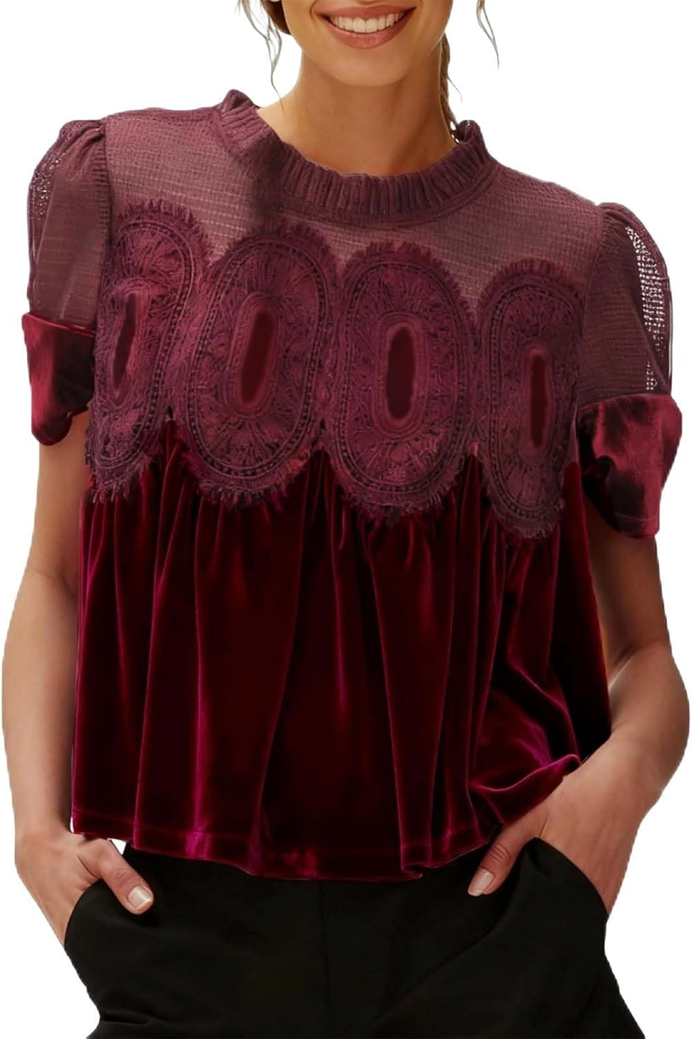Women's Velvet Lace Blouses Short Sleeve Elegant Velour Tops Vintage Round Neck Flared Swing Mesh Shirt Tops | Amazon (US)