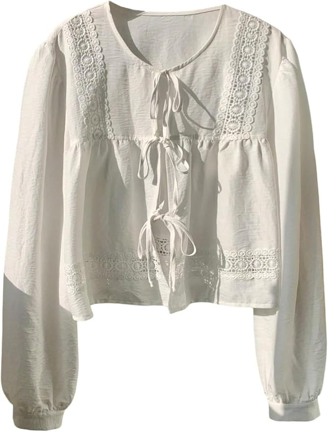 MakeMeChic Women's Long Sleeve Shirt Tie Front Crew Neck Summer Boho Peplum Blouse | Amazon (US)