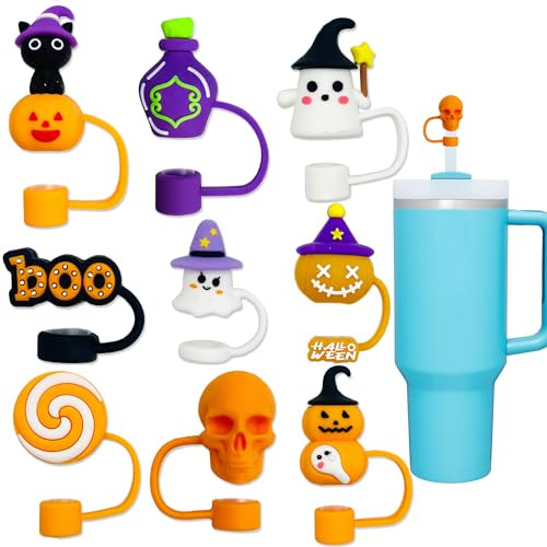 9PCS 3D Halloween Straw Cover Cap for Stanley Cup, Silicone Skull Ghost Straw Topper Compatible with 30&40oz Tumbler with Handle,10mm 0.4in Dust-Proof Reusable Straw Tips Lids | Amazon (US)