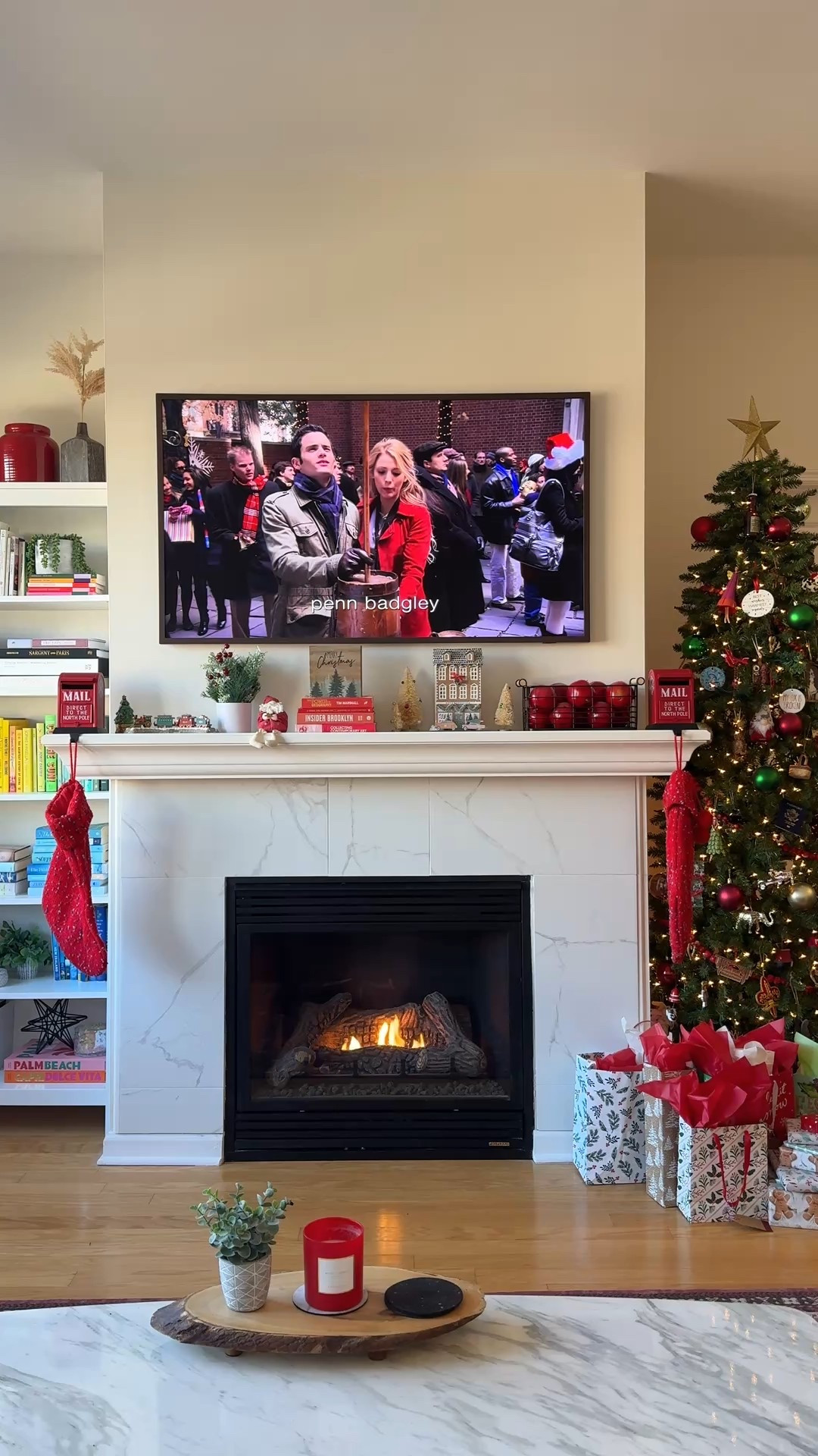 Have a holly jolly Christmas! Our cozy Christmas fireplace setup is my favorite. The frame TV is perfect for watching holiday episodes and the slim Christmas tree is perfect for our apartment! 

#LTKHome #LTKHoliday #LTKSeasonal