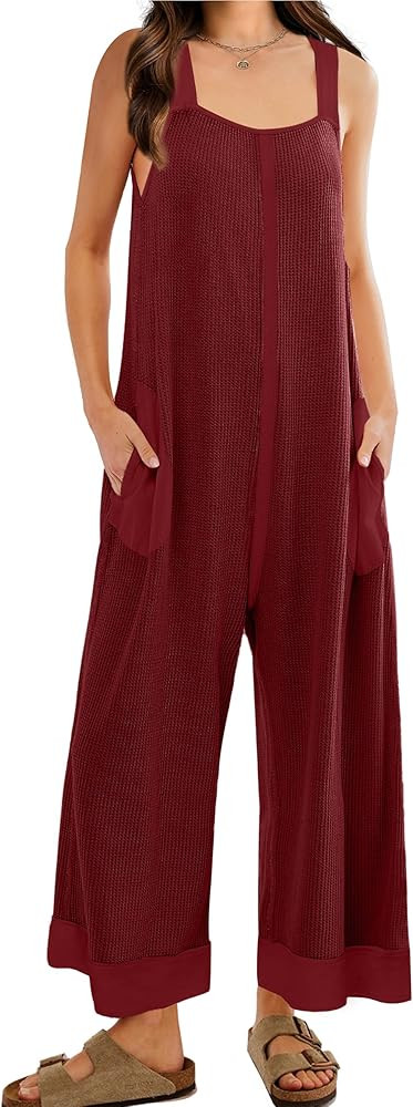 WIHOLL Jumpsuits for Women Waffle Knit Summer Outfits 2024 Fashion Casual One Piece Overalls Cute... | Amazon (US)