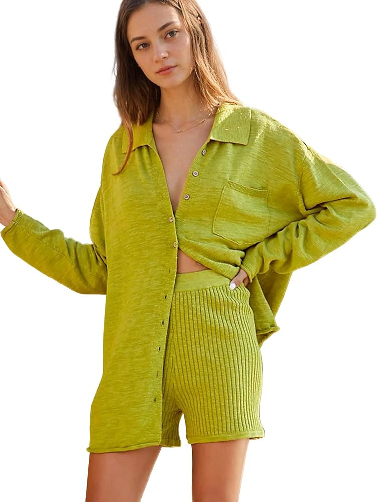 Lounge Sets for Women Zuma Sweaters Two Piece Set Long Knitted Tops Ribbed Shorts Casual Vacation... | Amazon (US)