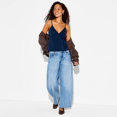 Women's Slim Fit Babydoll Lace Trim Cami - Wild Fable™ Navy Blue S | Target