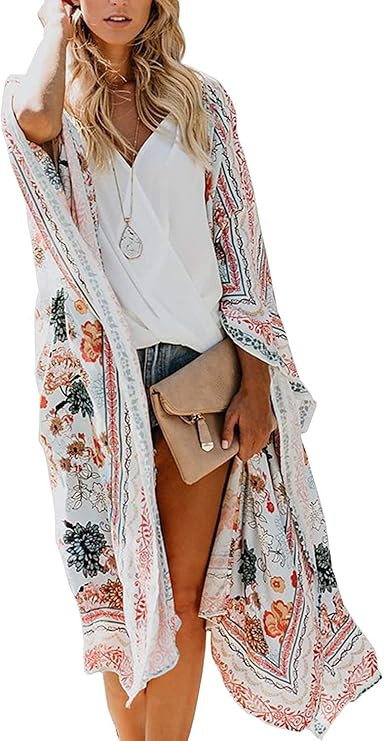 Women Floral Kimono Swimsuit Beach Cover Up Cardigan | Amazon (US)