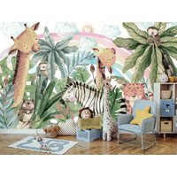 Watercolor Safari Wallpaper For Toddler Nursery Removable/Rainbow Wall Mural Bedroom Jungle Forest D | Etsy (US)