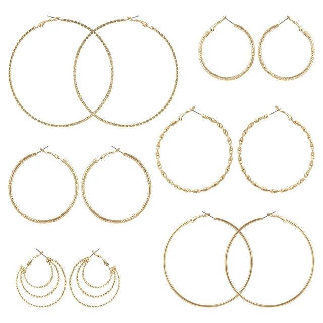 Time and Tru Women's Gold Tone Textured and Smooth Hoop Earring Set, 6-Piece - Walmart.com | Walmart (US)